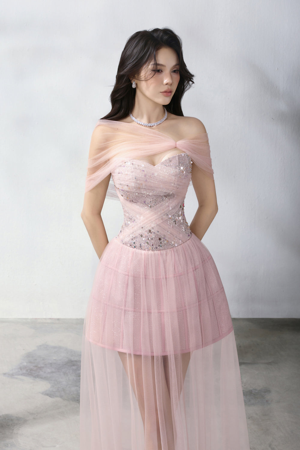 Elle Asymmetric Sleeve Sequin Midi Dress