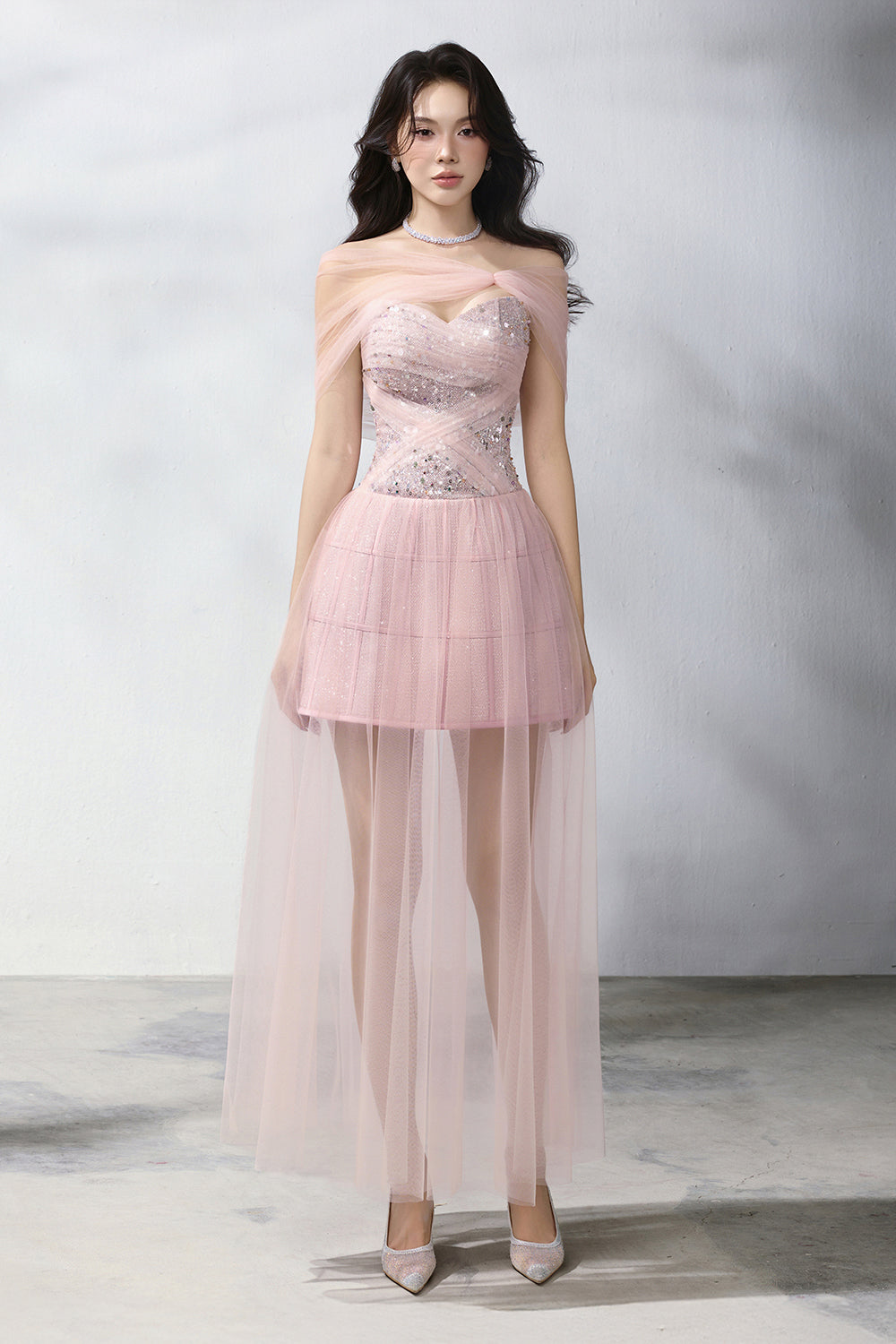 Elle Asymmetric Sleeve Sequin Midi Dress