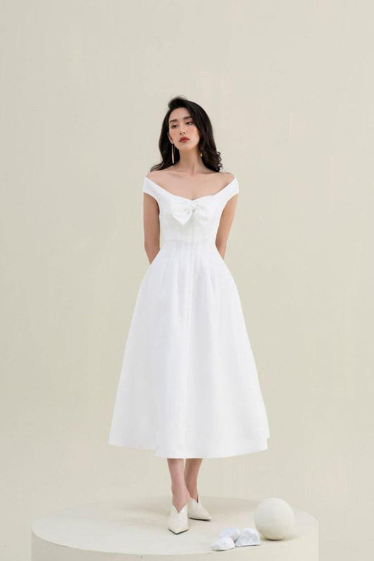 Jesse Bow Off-shoulder Midi Dress - Mean BLVD