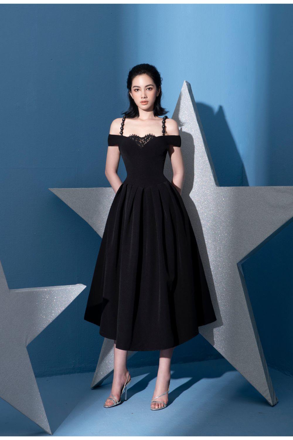 Garrick Off-shoulder Midi Dress with lace  - Mean BLVD